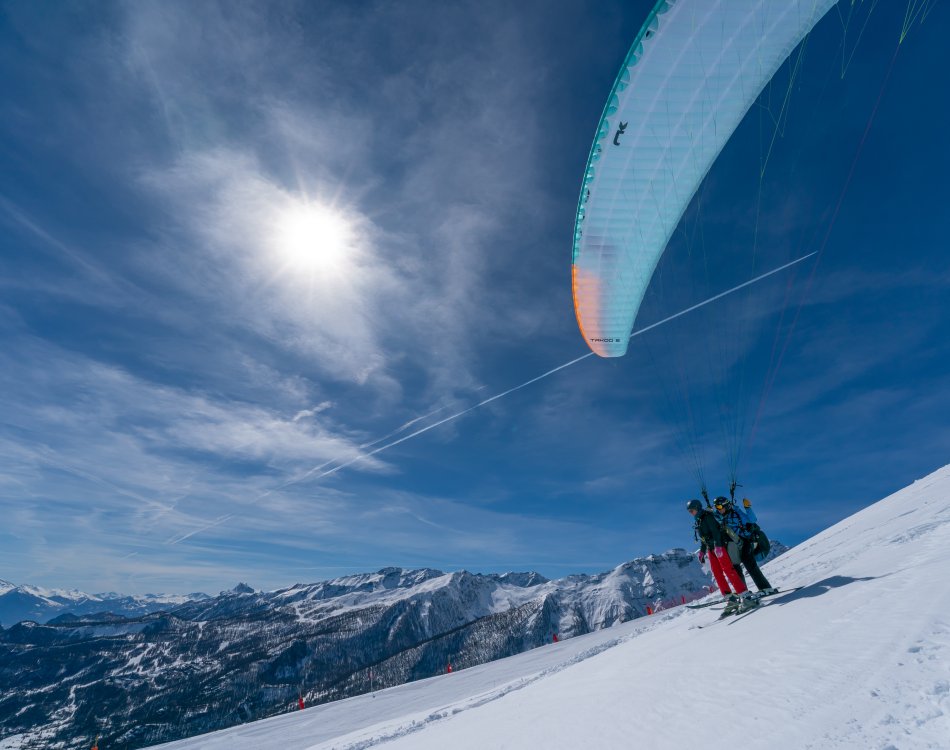 Vol parapente biplace en Ski à Pelvoux, avec Pollen Parapente